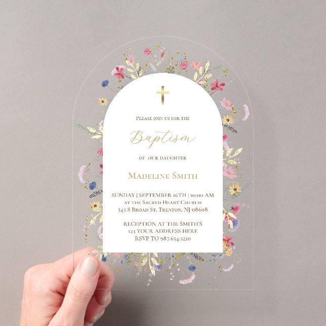 Invitations En Acrylique Fleurs sauvages du baptême (In situ (ordinateur de poche))