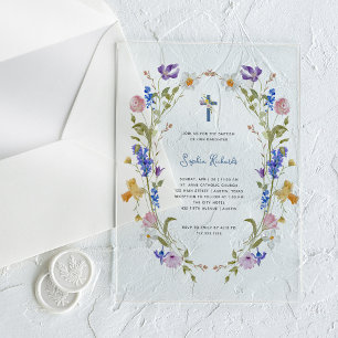Invitations En Acrylique Fleurs sauvages et papillons   Photo Retour Baptêm