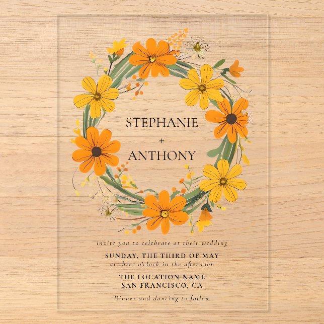 Invitations En Acrylique Fleurs sauvages orange et jaune Mariage de couronn (Recto)