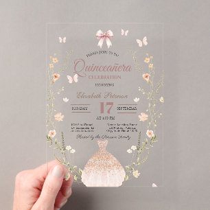 Invitations En Acrylique Fleurs sauvages Papillons Robe Nœud Quinceanera