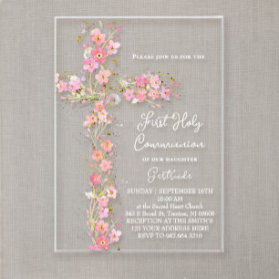 Invitations En Acrylique fleurs sauvages roses croix Première Sainte Commun