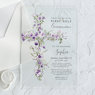 Invitations En Acrylique Fleurs sauvages violettes Croix florale Première c