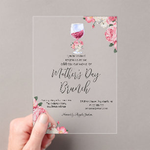 Invitations En Acrylique Fleurs Vins Verre Mère Fête Brunch