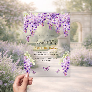 Invitations En Acrylique Fleurs violettes de glycine papillons transparents