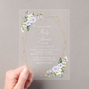 Invitations En Acrylique Fleurs violettes, Fleurs blanches, Bohème, Baby Sh