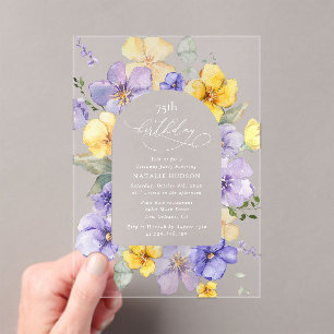 Invitations En Acrylique Fleurs violettes, Fleurs Jaunes, Boho, Anniversair