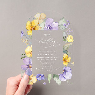 Invitations En Acrylique Fleurs violettes, Fleurs Jaunes, Boho, Anniversair