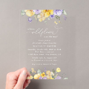 Invitations En Acrylique Fleurs violettes, Fleurs Jaunes, Boho, Baby shower