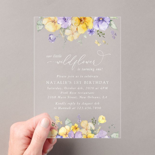 Invitations En Acrylique Fleurs violettes, Fleurs Jaunes, Premier Anniversa (In situ (ordinateur de poche))