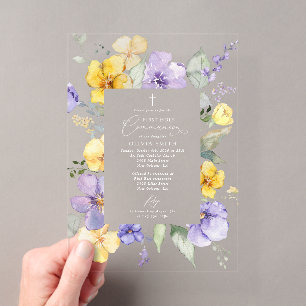 Invitations En Acrylique Fleurs violettes, Fleurs jaunes, Première Communio