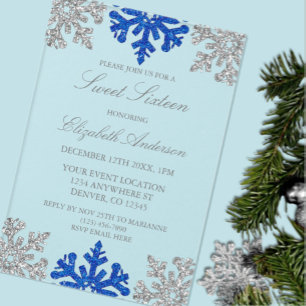 Invitations En Acrylique Flocon de neige bleu argenté Sweet 16 hiver