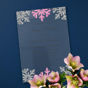 Invitations En Acrylique Flocon de neige rose argenté Sweet 16 d'hiver