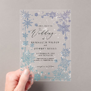 Invitations En Acrylique Flocons de neige bleus élégants Mariage d'hiver