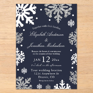 Invitations En Acrylique Flocons de neige bleus marine Mariage d'hiver