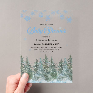 Invitations En Acrylique Flocons de neige Sapins Fête de bébé d'hiver