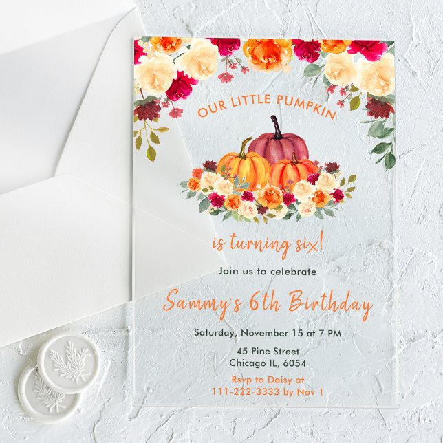 Invitations En Acrylique Floral Automne Orange Citrouille fête d'anniversai (Créateur téléchargé)