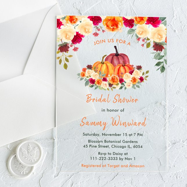 Invitations En Acrylique Floral Automne Orange Fête des mariées Citrouille (Créateur téléchargé)