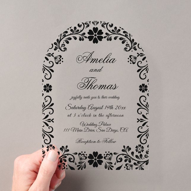 Invitations En Acrylique Floral Black Elegant Wedding (In situ (ordinateur de poche))