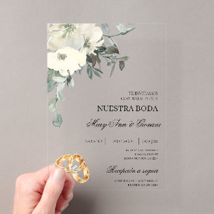 Invitations En Acrylique Floral blanc avec anneau d'or Mariage espagnol