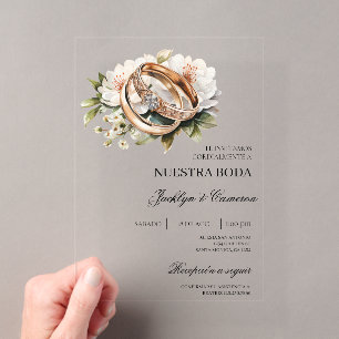 Invitations En Acrylique Floral blanc avec anneau Mariage espagnol