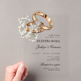 Invitations En Acrylique Floral blanc avec anneau Mariage espagnol