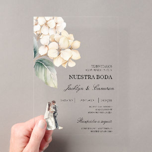 Invitations En Acrylique Floral blanc avec anneau Mariage espagnol