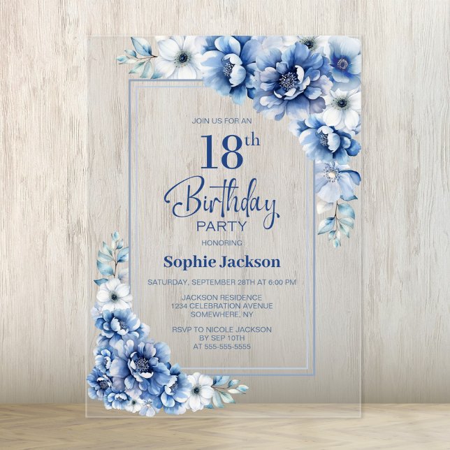 Invitations En Acrylique Floral bleu moderne 18ème anniversaire (Créateur téléchargé)