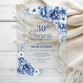 Invitations En Acrylique Floral bleu moderne Surprise 30ème anniversaire