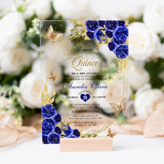 Invitations En Acrylique Floral Bleu Or Tiara Butterfly Mis Quinceañera (Créateur téléchargé)