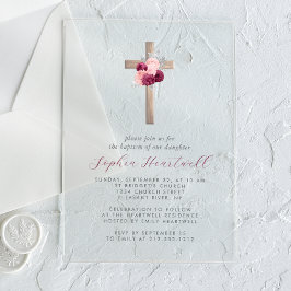 Invitations En Acrylique Floral Burgundy Blush Silver Cross Girl Baptism