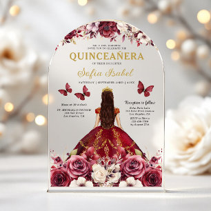Invitations En Acrylique Floral Burgundy Butterfly Princess Quinceanera