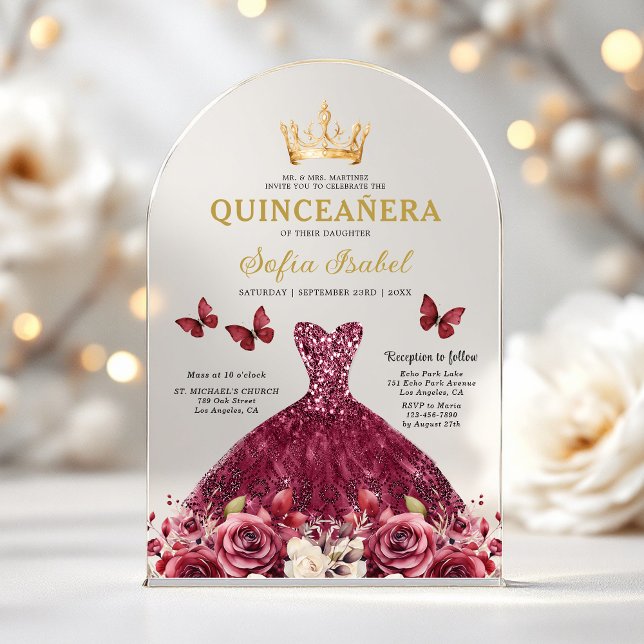 Invitations En Acrylique Floral Burgundy Butterfly Princess Quinceanera (Créateur téléchargé)