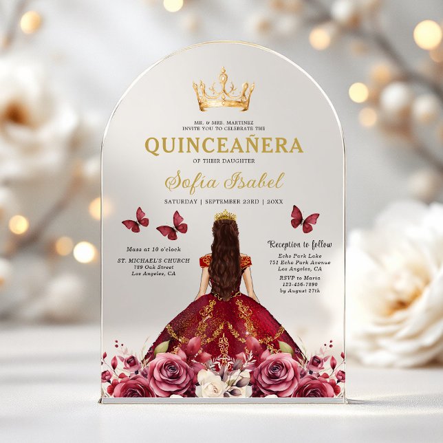 Invitations En Acrylique Floral Burgundy Butterfly Princess Quinceanera (Créateur téléchargé)