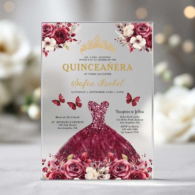 Invitations En Acrylique Floral Burgundy Butterfly Princess Quinceanera (Créateur téléchargé)