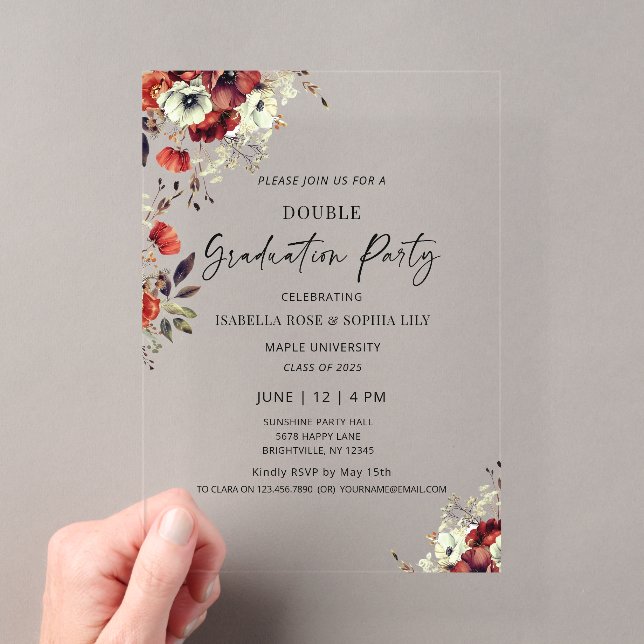 Invitations En Acrylique Floral Double Graduation Party Twin Graduation (In situ (ordinateur de poche))