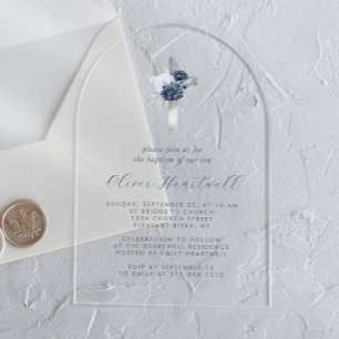 Invitations En Acrylique Floral Dusty Blue Silver Cross Garçons Baptême
