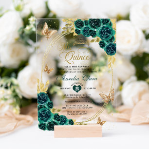 Invitations En Acrylique Floral Emerald Gold Tiara Butterfly Quinceañera