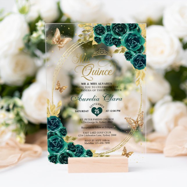 Invitations En Acrylique Floral Emerald Gold Tiara Butterfly Quinceañera (Créateur téléchargé)