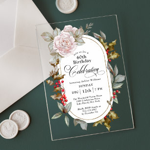Invitations En Acrylique Floral féminin Décembre 60 Anniversaire Fête