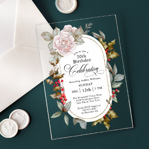 Invitations En Acrylique Floral féminin Décembre 70e anniversaire Célébrati