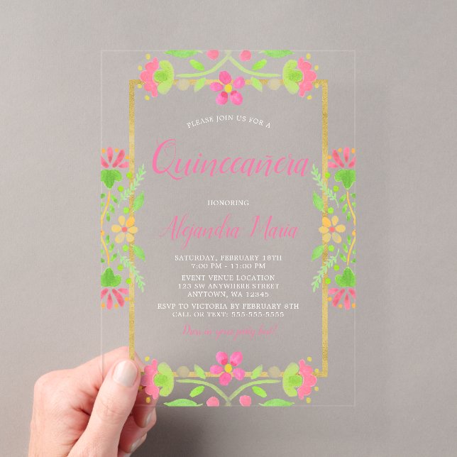 Invitations En Acrylique Floral Fiesta Pink Gold Quinceanera (In situ (ordinateur de poche))