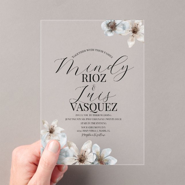 Invitations En Acrylique Floral Magnolia Aquarelle Mariage Script noir (In situ (ordinateur de poche))