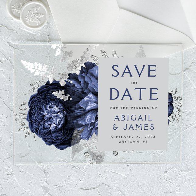 Invitations En Acrylique Floral Navy Blue Silver Wedding Enregistrer la dat (Créateur téléchargé)