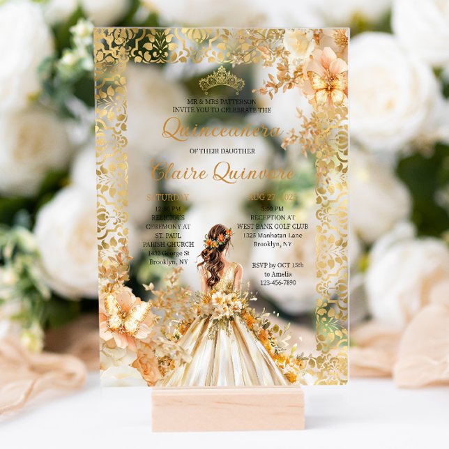 Invitations En Acrylique Floral Princesse Florale Radiale Quinceanera Or (Créateur téléchargé)