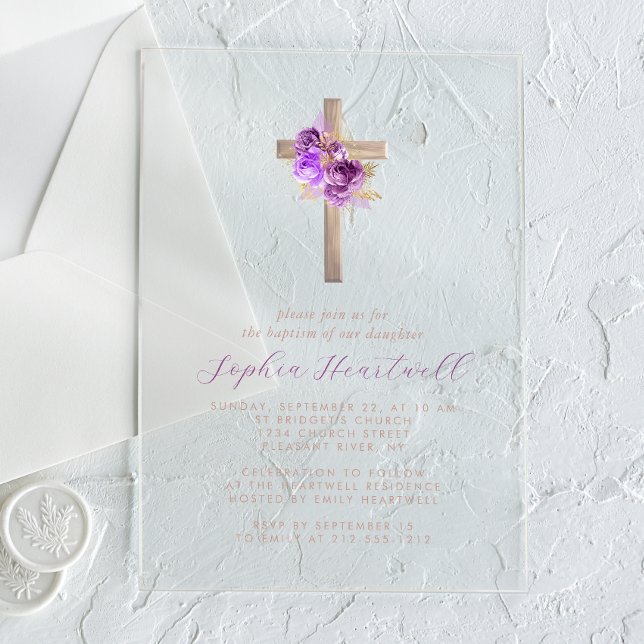 Invitations En Acrylique Floral Purple Or Roses Croix Fille Baptême (Créateur téléchargé)