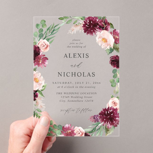 Invitations En Acrylique Floral rose et bourgogne 7 Mariage (In situ (ordinateur de poche))
