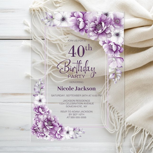 Invitations En Acrylique Floral rose moderne fête du 40e anniversaire (Créateur téléchargé)