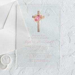 Invitations En Acrylique Floral rose or Roses Croix fille Baptême