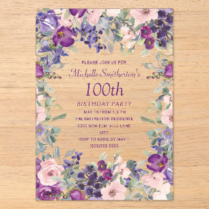 Invitations En Acrylique Floral rose violet 100e anniversaire