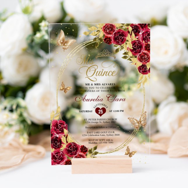 Invitations En Acrylique Floral Rouge Or Tiara Butterfly Mis Quinceañera (Créateur téléchargé)